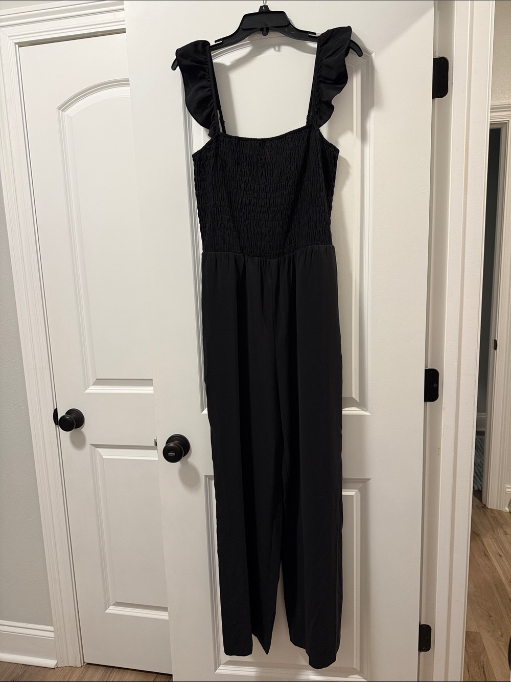 Black Smocked Wide-Leg Jumpsuit with Ruffle Straps